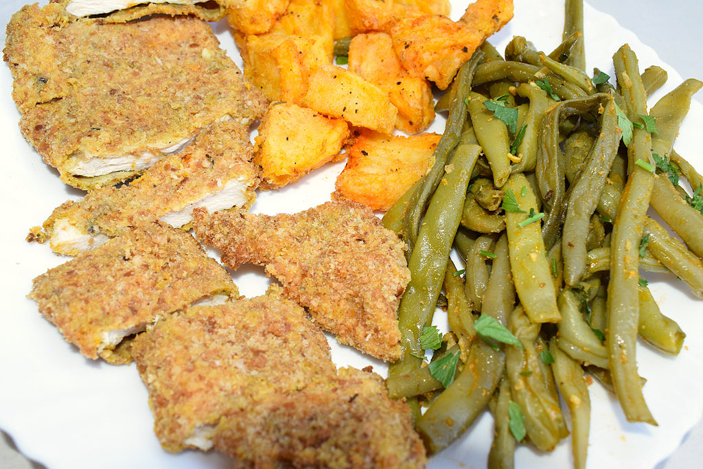 Poulet Pané au Haricots et Pommes de Terre