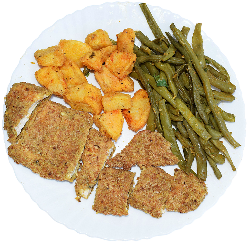 Poulet Pané au Haricots et Pommes de Terre