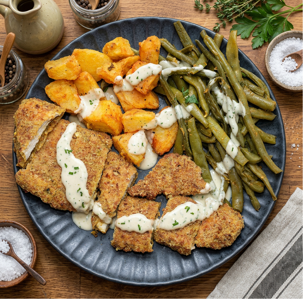 Poulet Pané au Haricots et Pommes de Terre